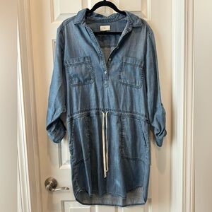 Lou & Grey Chambray denim Shirt Dress with drawstring waist and collar. medium